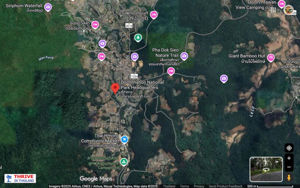 Map of Doi Inthanon National Park showing headquarters, waterfalls, trails, and nearby attractions in Chiang Mai Province, Thailand