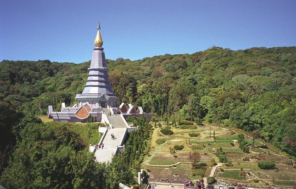 Naphamethinidon Royal Pagoda surrounded by gardens and forest in Doi Inthanon National Park, Chiang Mai, Thailand