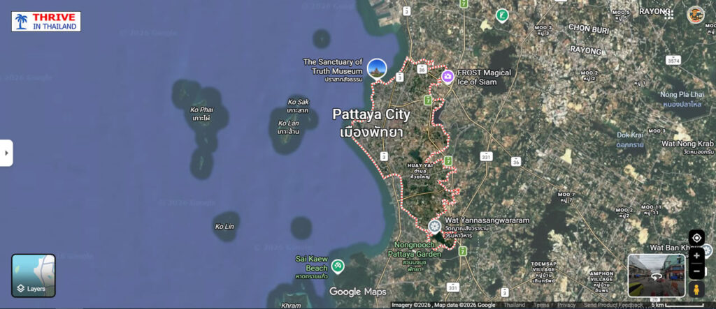 Map showing Pattaya’s location on Thailand’s eastern Gulf coast near Bangkok