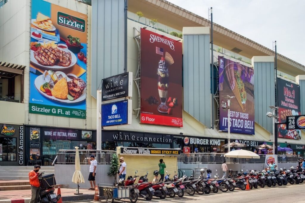 Restaurants and international dining options at Royal Garden Plaza shopping mall in Pattaya.
