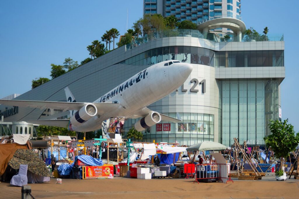 Terminal 21 Pattaya shopping mall with its iconic airplane display at the main entrance.