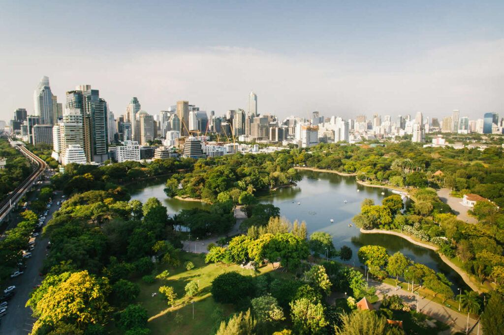 Aerial view of Bangkok skyline and Lumpini Park