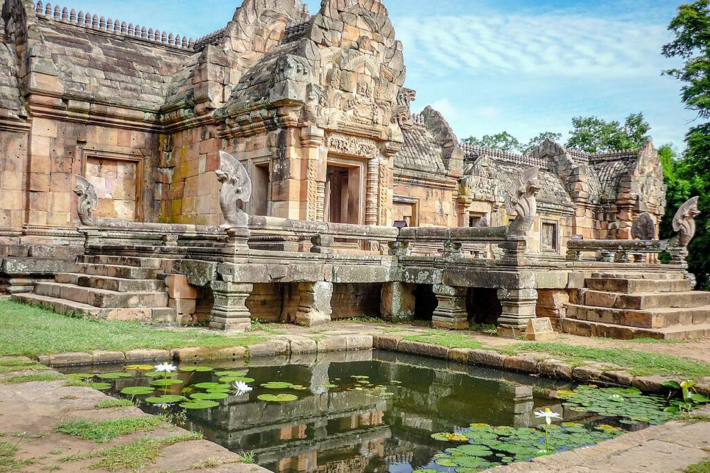 Naga-lined terrace and lotus pond in front of the sandstone sanctuary at Phanom Rung Historical Park, Buriram
