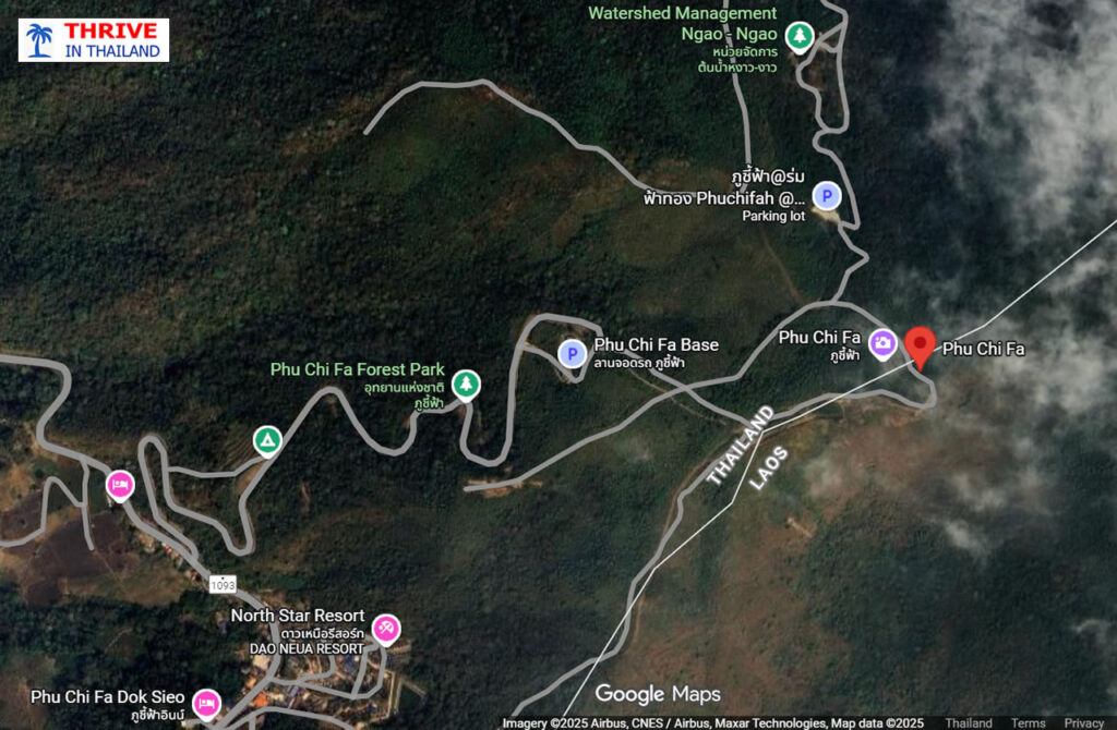 Satellite map showing the road to Phu Chi Fa viewpoint in Chiang Rai, Thailand, including Phu Chi Fa Base and the Laos border.