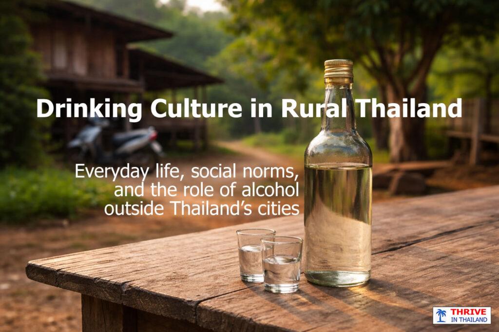Lao khao bottle on a wooden table in a rural Thai setting, representing everyday drinking culture outside Thailand’s cities