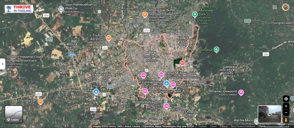 Map showing Hat Yai city layout in Songkhla Province, southern Thailand, including main districts, roads, and nearby landmarks