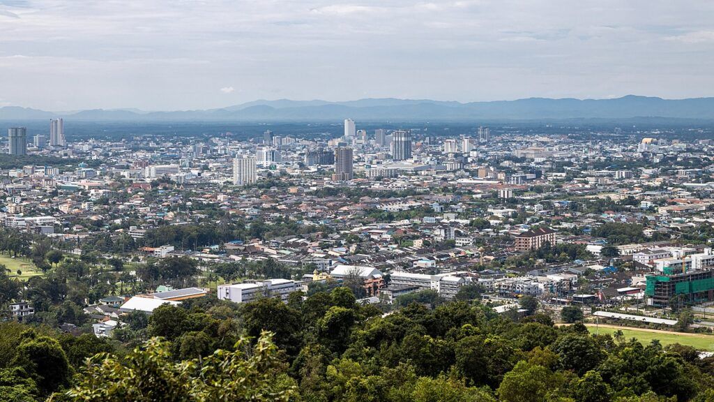 Panoramic view over Hat Yai city from a hilltop viewpoint in southern Thailand