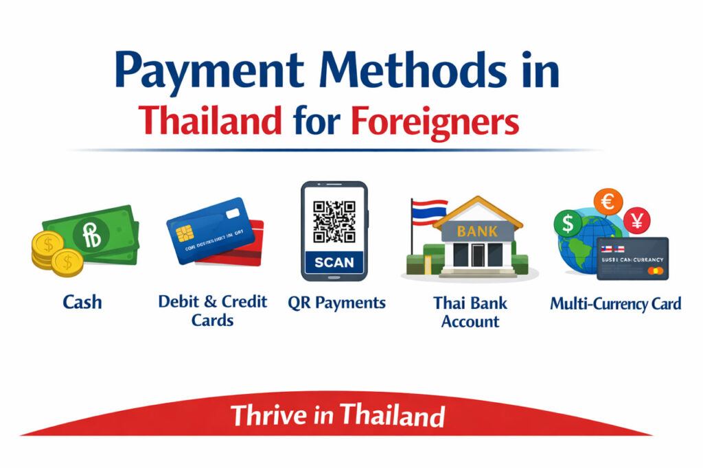 Payment methods in Thailand for foreigners including cash, cards, QR payments, and Thai bank accounts
