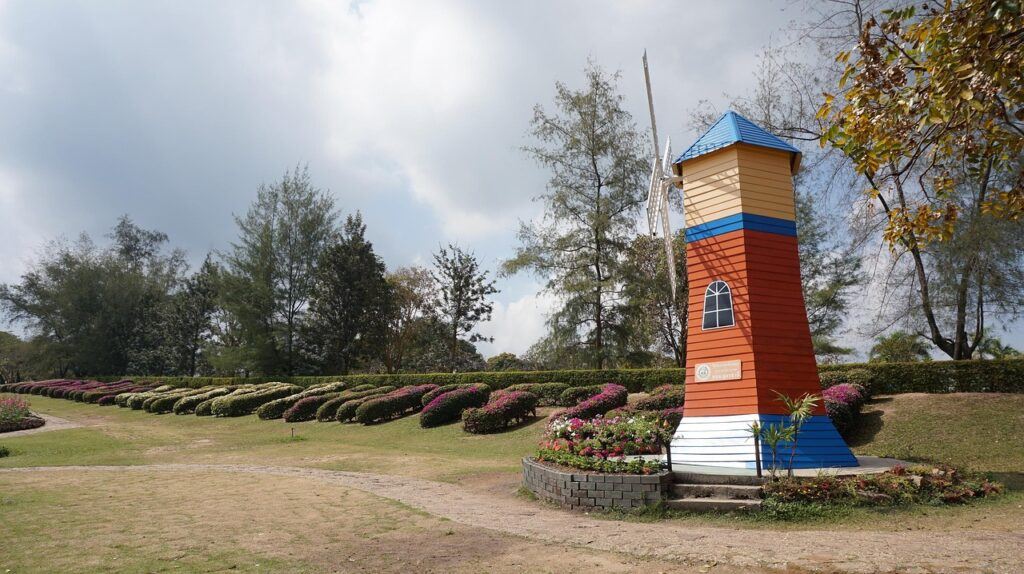 Phu Foi Lom Forest Park near Udon Thani with landscaped gardens and a windmill viewpoint