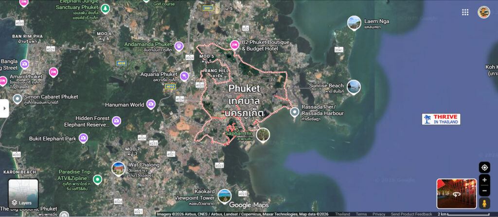 Map showing the location of Phuket Town on the east side of Phuket Island, Thailand, highlighting its position away from the west-coast beaches