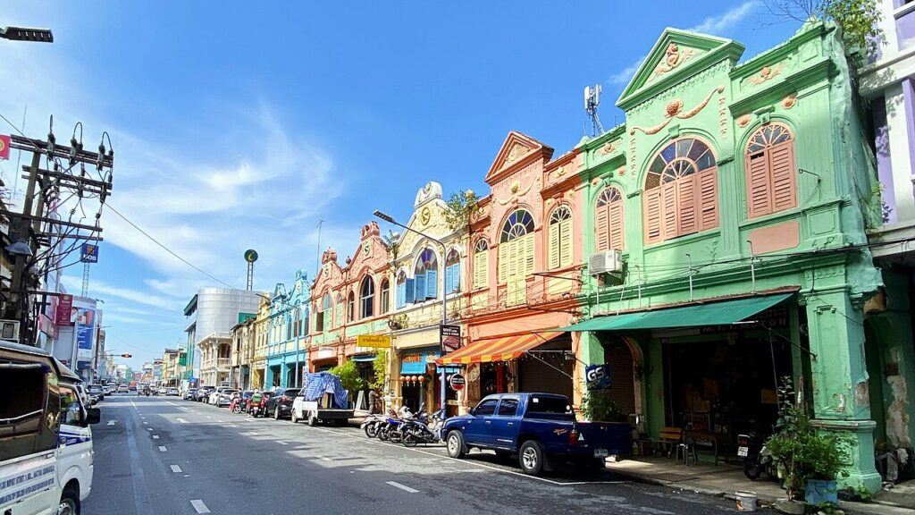 Colorful Sino-Thai shophouses along a street in Songkhla Old Town, southern Thailand