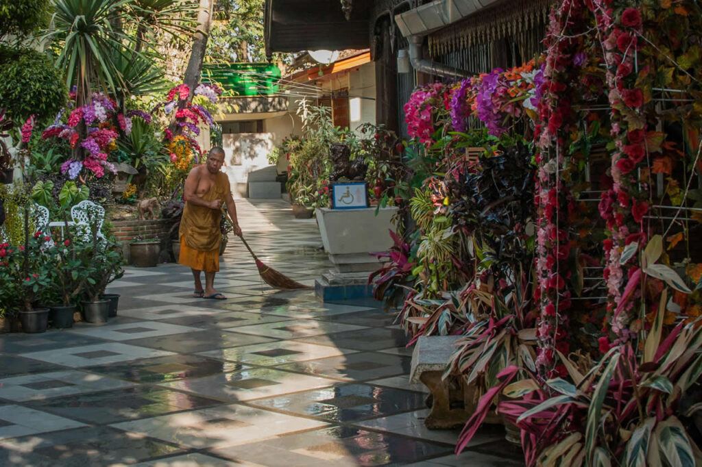 Thai Buddhist monk sweeping a tiled temple courtyard surrounded by colorful flowers and lush greenery