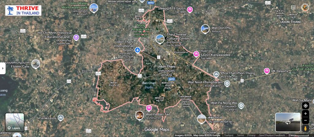 Satellite map of Udon Thani highlighting the city center, airport, Nong Prajak Park, and nearby attractions in Northeast Thailand