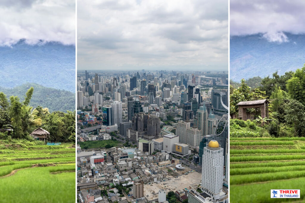 Isaan countryside and Bangkok skyline showing rural to urban migration in Thailand