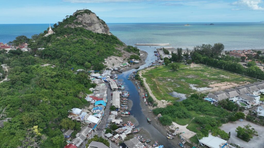 Aerial view of Khao Takiab fishing village and coastline near Hua Hin