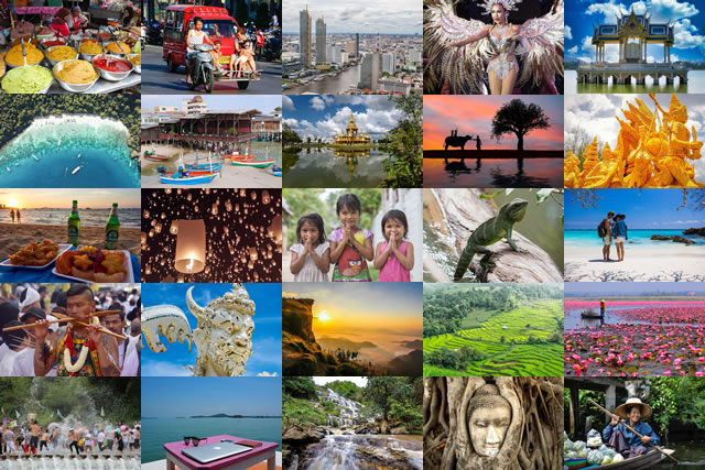 Thailand Life Mosaic showing everyday life, culture, food, beaches, cities, and expat experiences across Thailand