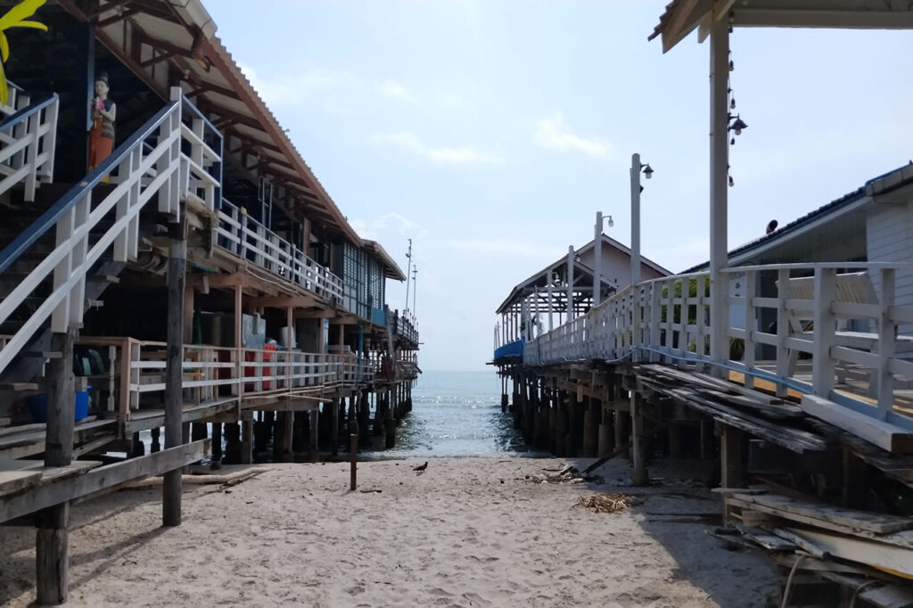 Traditional waterfront buildings along the coast in Hua Hin, Thailand