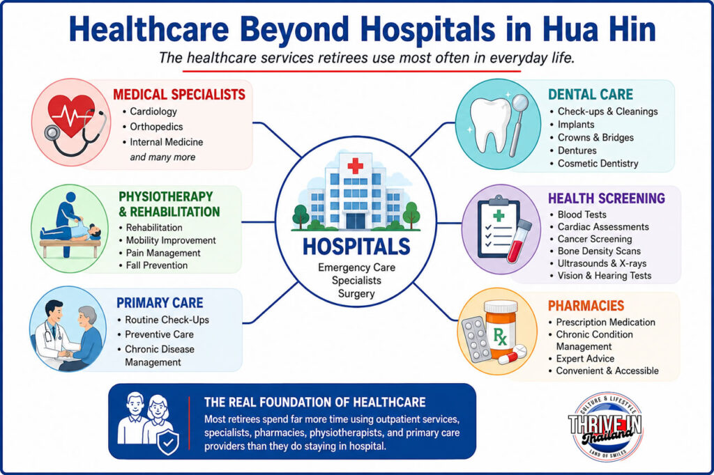Infographic showing healthcare services beyond hospitals in Hua Hin, including primary care, medical specialists, dental care, physiotherapy, health screening, and pharmacies.