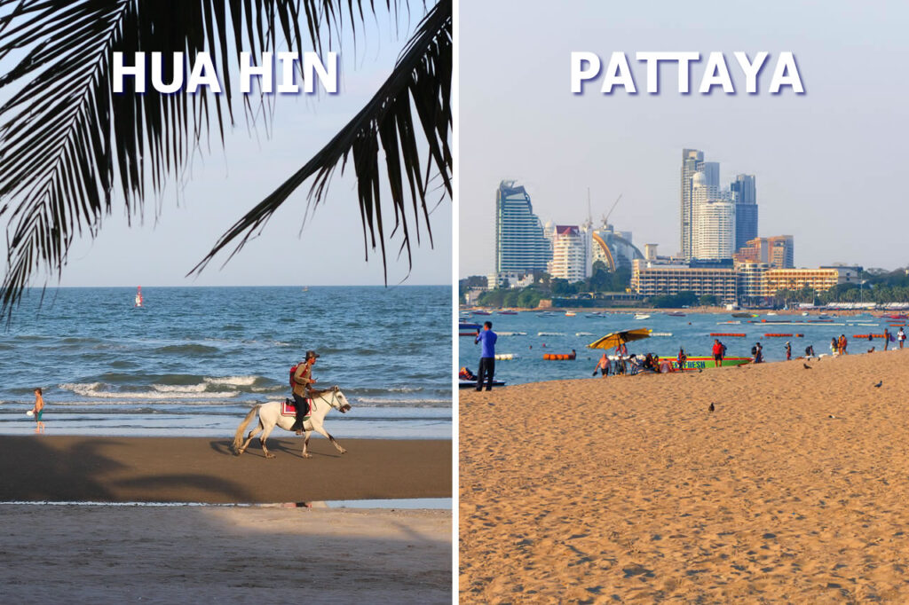 Side-by-side comparison of Hua Hin and Pattaya beaches, showing Hua Hin's relaxed horse-riding beach and Pattaya's lively beachfront skyline.