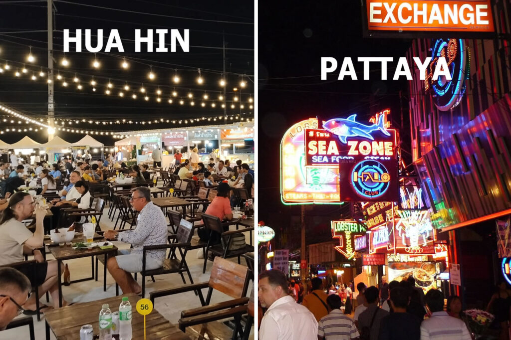 Side-by-side comparison of Hua Hin's relaxed night market dining scene and Pattaya's vibrant neon-lit nightlife district.