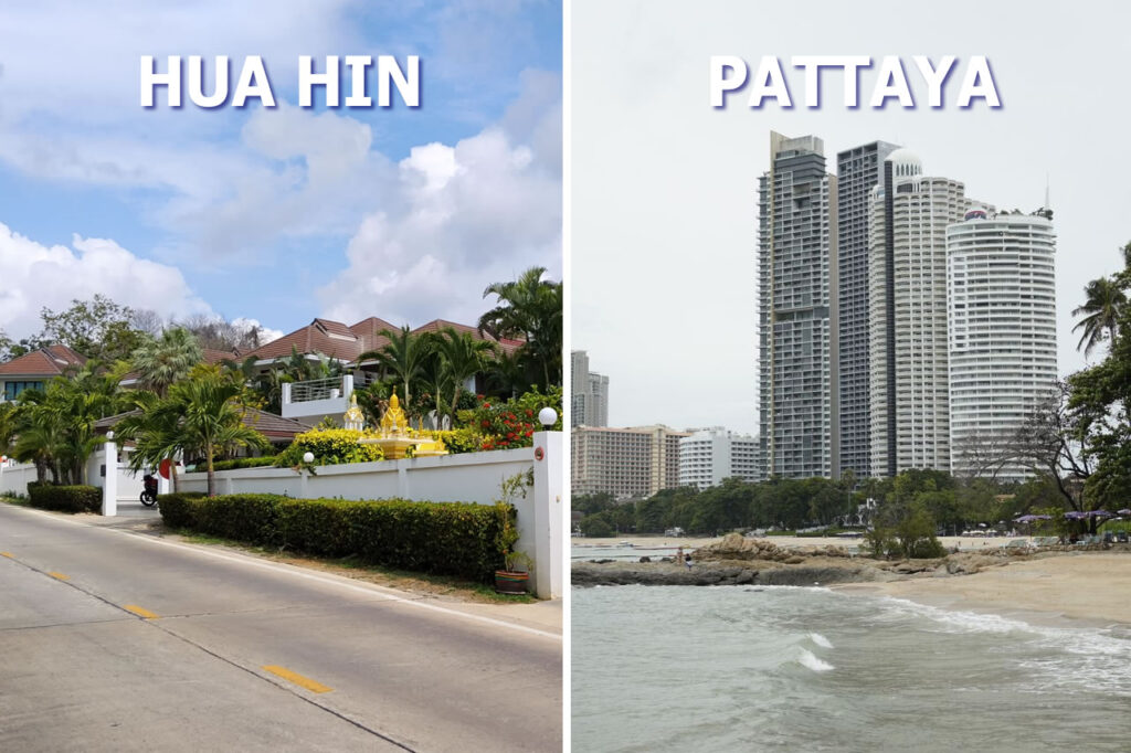 Side-by-side comparison of residential housing in Hua Hin and Pattaya, showing villa-style homes in Hua Hin and beachfront condominium towers in Pattaya.