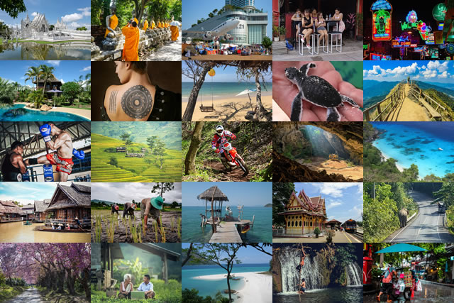 Thailand Beyond the Beaches mosaic featuring culture, nature, adventure, and everyday life across Thailand