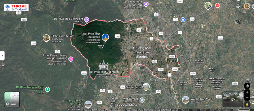 Map showing Chiang Mai's location in Northern Thailand, including the Old City, Doi Suthep, and surrounding mountains.