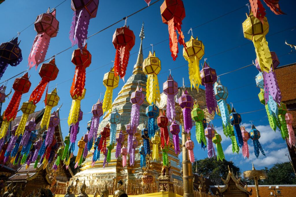Colorful Lanna lanterns at Wat Phra That Doi Suthep in Chiang Mai