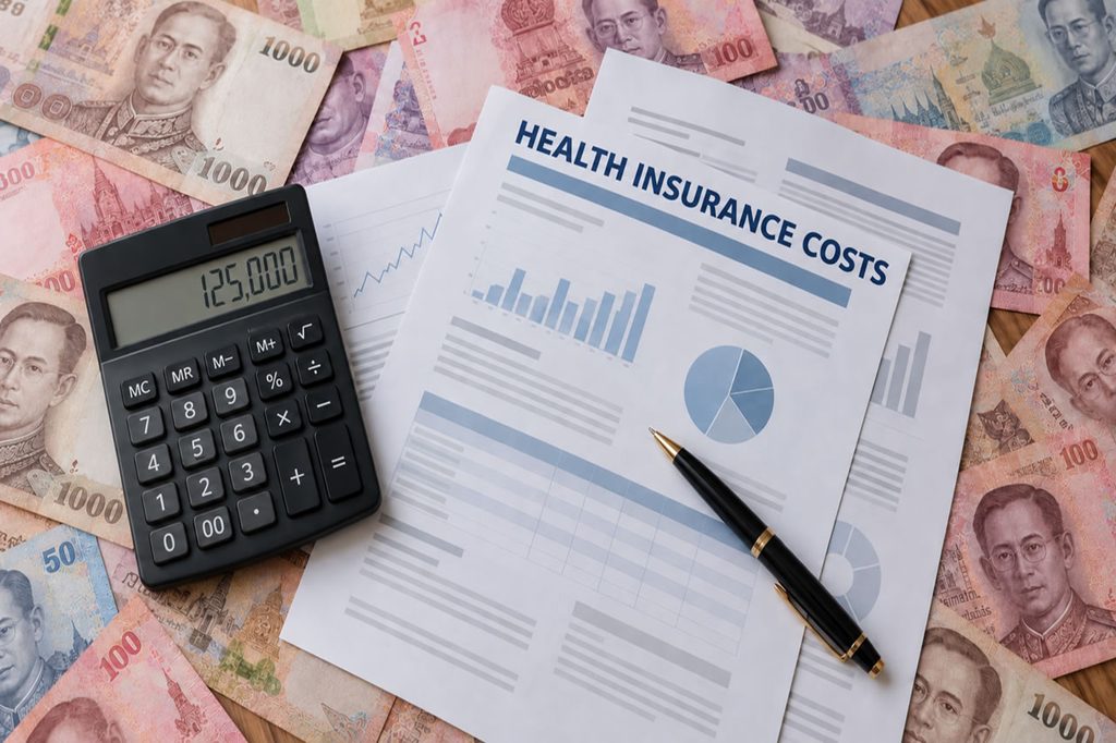 Thai baht banknotes, calculator and health insurance cost documents