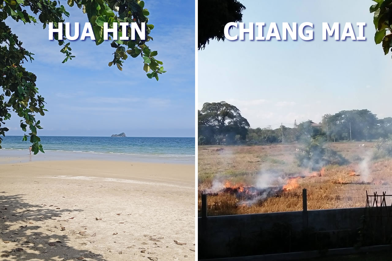 Clear skies over Hua Hin beach compared with agricultural burning and smoke in Chiang Mai