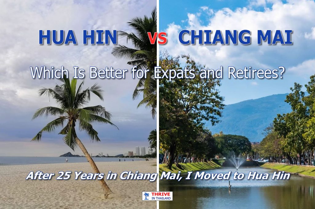 Split comparison of Hua Hin beach and Chiang Mai Old City moat with Doi Suthep in the background
