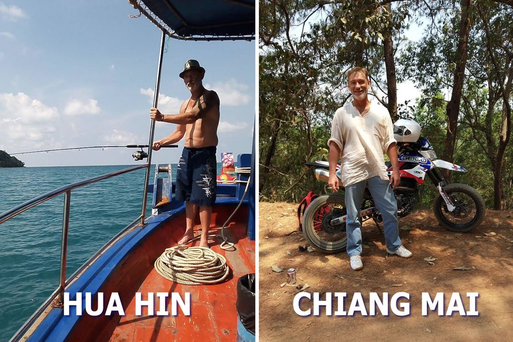Author fishing from a boat near Hua Hin and motorcycling in the Chiang Mai countryside