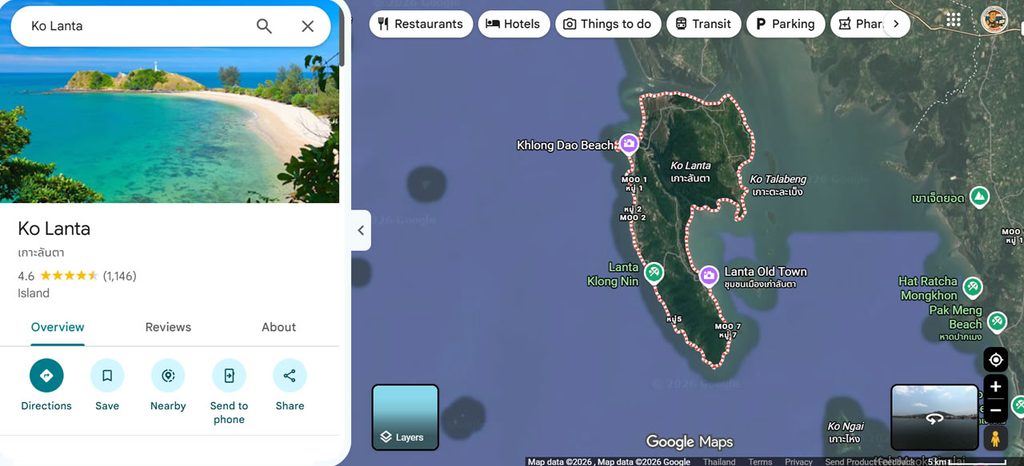 Map of Koh Lanta Yai showing Klong Dao Beach, Klong Nin and Lanta Old Town off Thailand’s Andaman coast.
