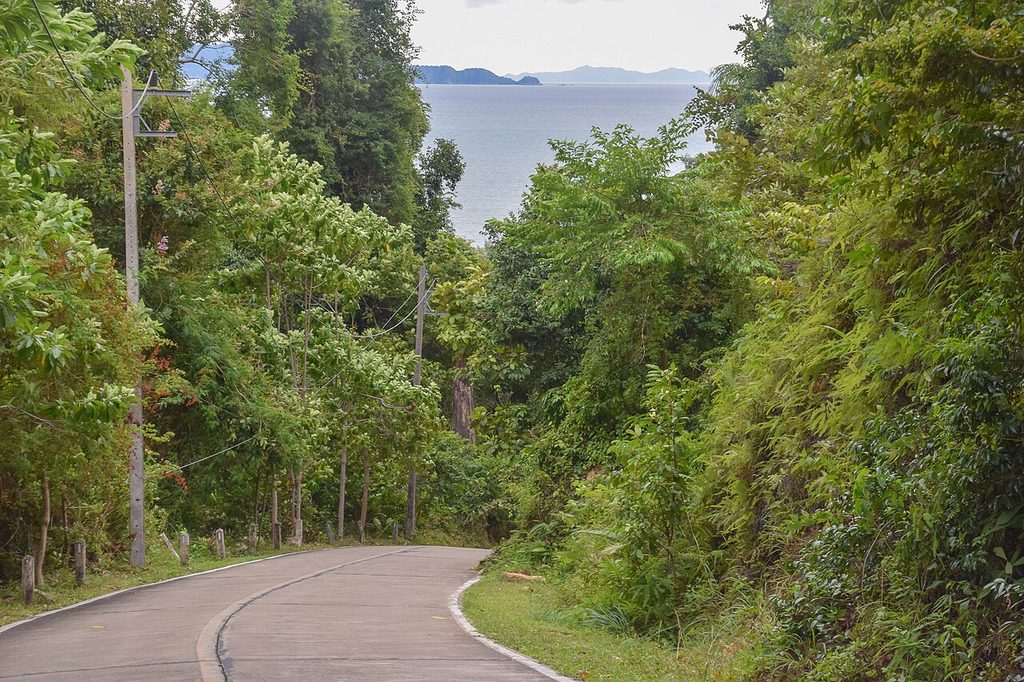 Winding road through lush greenery on Koh Lanta, with the sea and distant islands visible beyond.