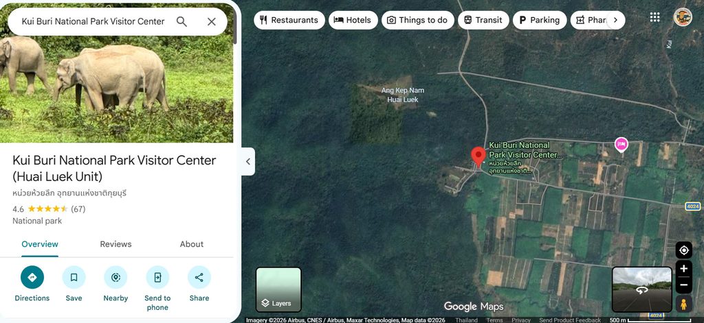 Google Maps satellite view showing Kui Buri National Park Visitor Centre at Huai Luek, the departure point for wildlife safaris.