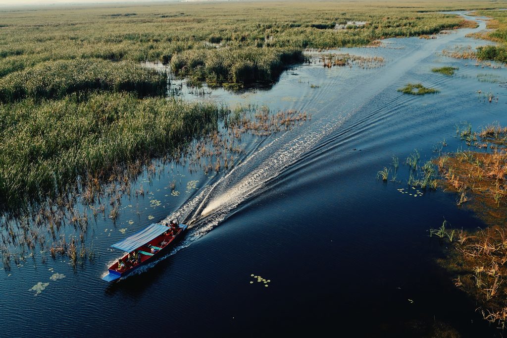 Aerial view of a passenger boat travelling through reed-filled wetlands in Sam Roi Yot, leaving a wake across the water.